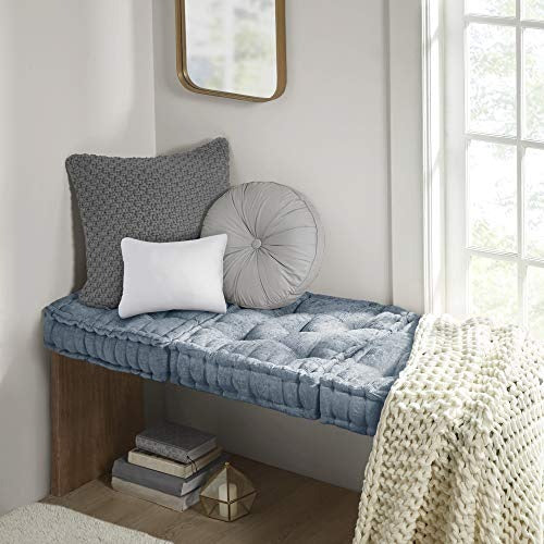 Intelligent Design Azza Floor Pillow Square Pouf Chenille Tufted with Scalloped Edge Design Hypoallergenic Bench/Chair Cushion, 20"x20"x5", Aqua