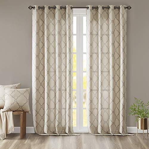 Madison Park Saratoga Single Window Curtain Light Filtering Fretwork Print 1 Panel Grommet Top Drape for Living Room Bedroom and Dorm, 50x108, Beige