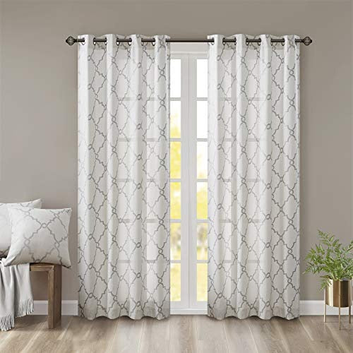 Madison Park Saratoga Single Window Curtain Light Filtering Fretwork Print 1 Panel Grommet Top Drape/Valance for Living Room Bedroom and Dorm, 50 x 84 in, Ivory