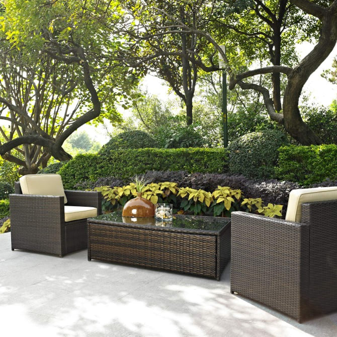 Crosley Furniture Palm Harbor 3-Piece Outdoor Wicker Chat Set in Sand and Brown Color