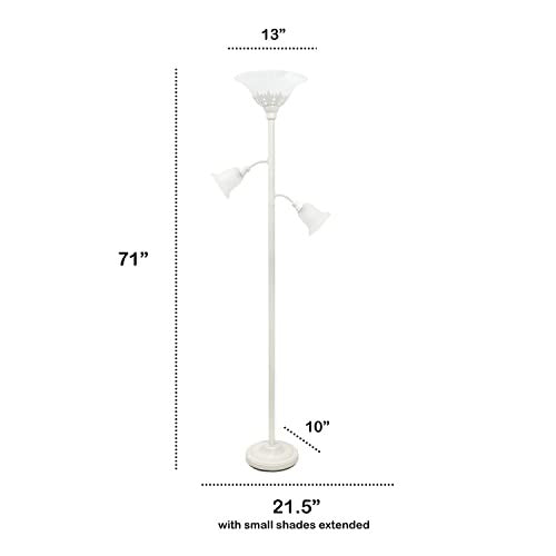 Torchiere Floor Lamp with 2 Reading Lights and Scalloped Glass Shades, White