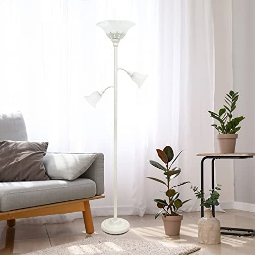 Torchiere Floor Lamp with 2 Reading Lights and Scalloped Glass Shades, White