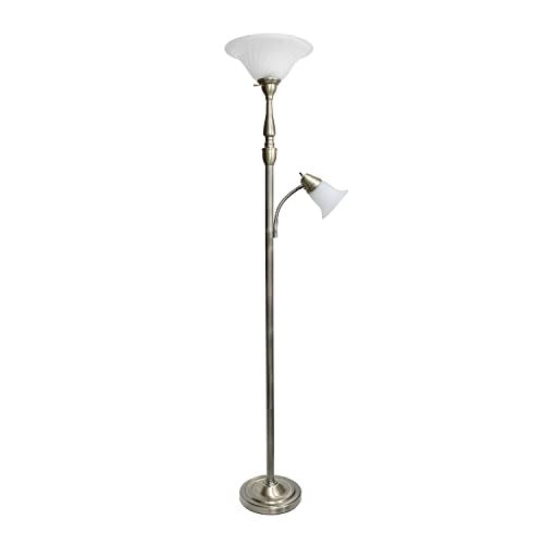 Torchiere Floor Lamp with Reading Light and Marble Glass Shades, Antique Brass