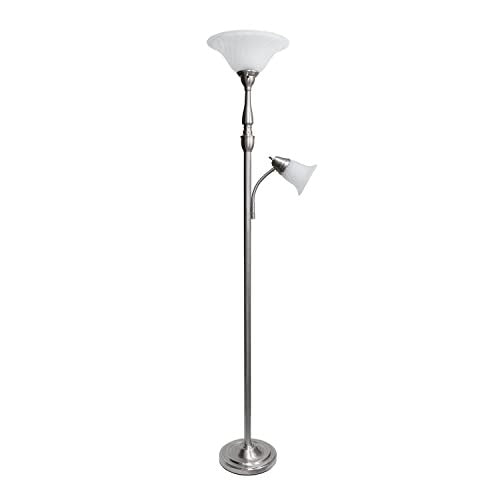 Torchiere Floor Lamp with Reading Light and Marble Glass Shades, Brushed Nickel