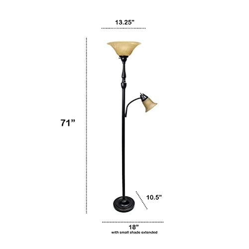 Torchiere Floor Lamp with Reading Light and Marble Glass Shades, Restoration Bronze and Amber