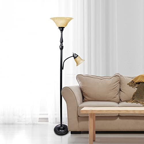 Torchiere Floor Lamp with Reading Light and Marble Glass Shades, Restoration Bronze and Amber