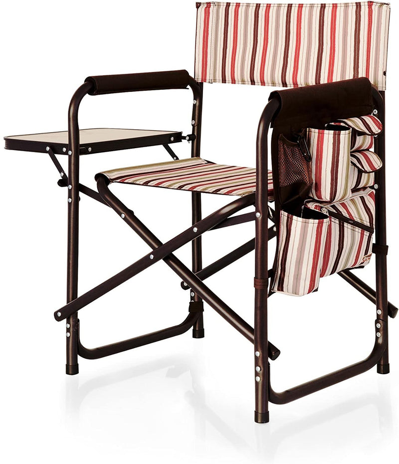 Sports Chair with Side Table - Beach Chair - Camp Chair for Adults, (Moka - Brown with Beige & Red Accents)