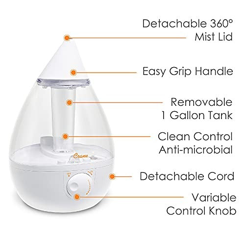 Crane Drop Ultrasonic Cool Mist Humidifier Filter Free 1 Gallon 500 Sq Ft Coverage for Plants Home Bedroom Baby Nursery and Office, Clear and White