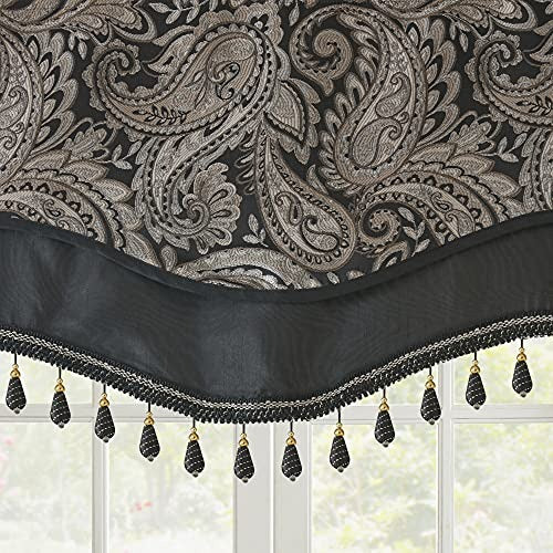 Madison Park Faux Silk Paisley Jacquard, Rod Pocket Curtain with Privacy Lining for Living Room, Kitchen, Bedroom and Dorm, 50 in x 18 in, Black Bead Trim
