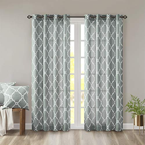 Madison Park Saratoga Single Window Curtain Light Filtering Fretwork Print 1 Panel Grommet Top Drape for Living Room Bedroom and Dorm, 50x95, Seafoam