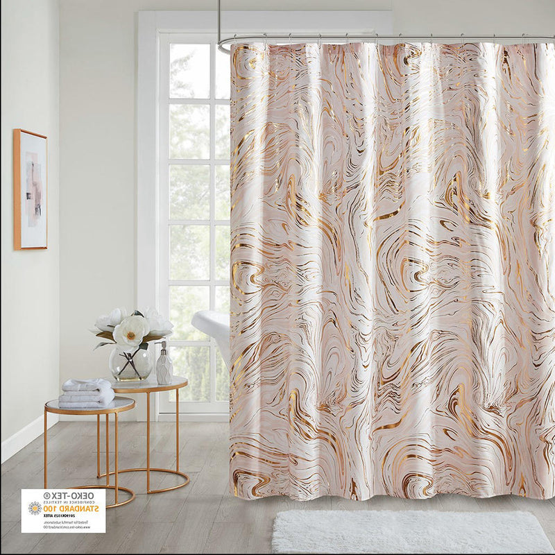 Home Outfitters Blush/Gold  Printed Marble Metallic Shower Curtain 72"W x 72"L, Shower Curtain for Bathrooms, Modern/Contemporary
