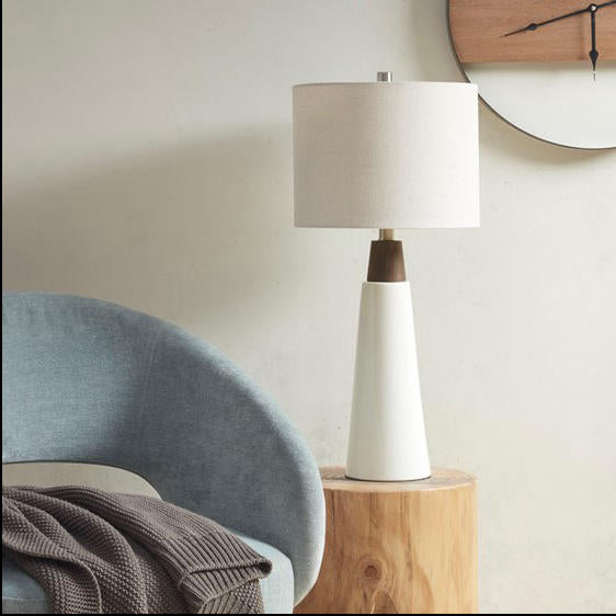 Home Outfitters White Base/Cream Shade Ceramic with Wood Table Lamp , Great for Bedroom, Living Room, Modern/Contemporary