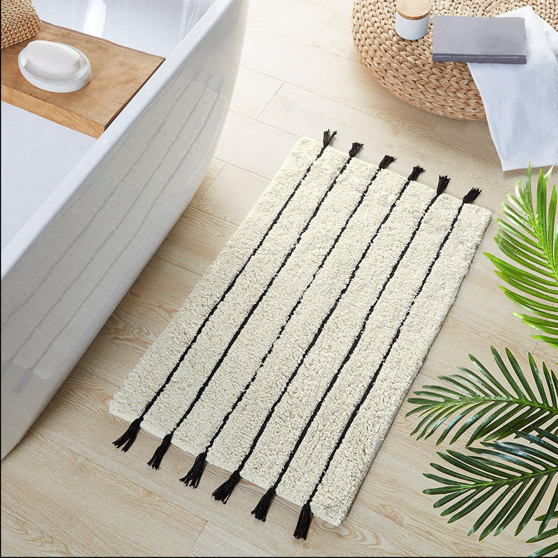 Home Outfitters Black/Neutral 100% Cotton Pile Tufted Bath Rug 20"x32", Absorbent Bathroom Floor Mat, Modern/Contemporary