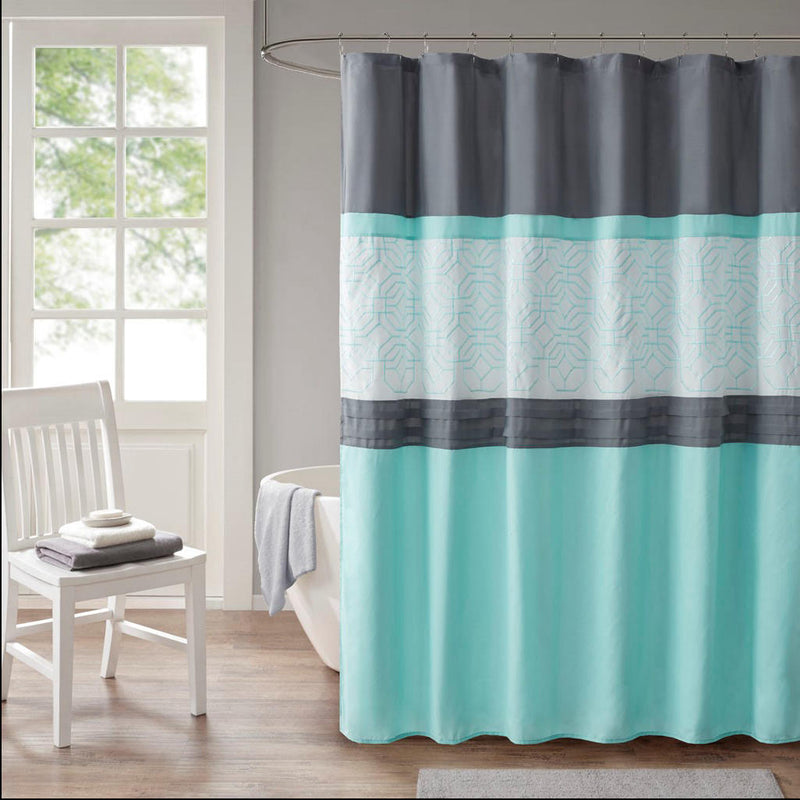 Home Outfitters Aqua/Grey  Microfiber Embroidery Pieced Shower Curtain 72"W x 72"L, Shower Curtain for Bathrooms, Transitional
