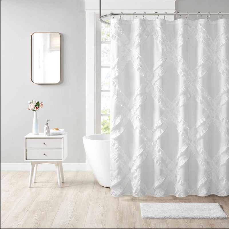 Home Outfitters White  Tufted Diamond Ruffle Shower Curtain 72"W x 72"L, Shower Curtain for Bathrooms, Shabby Chic