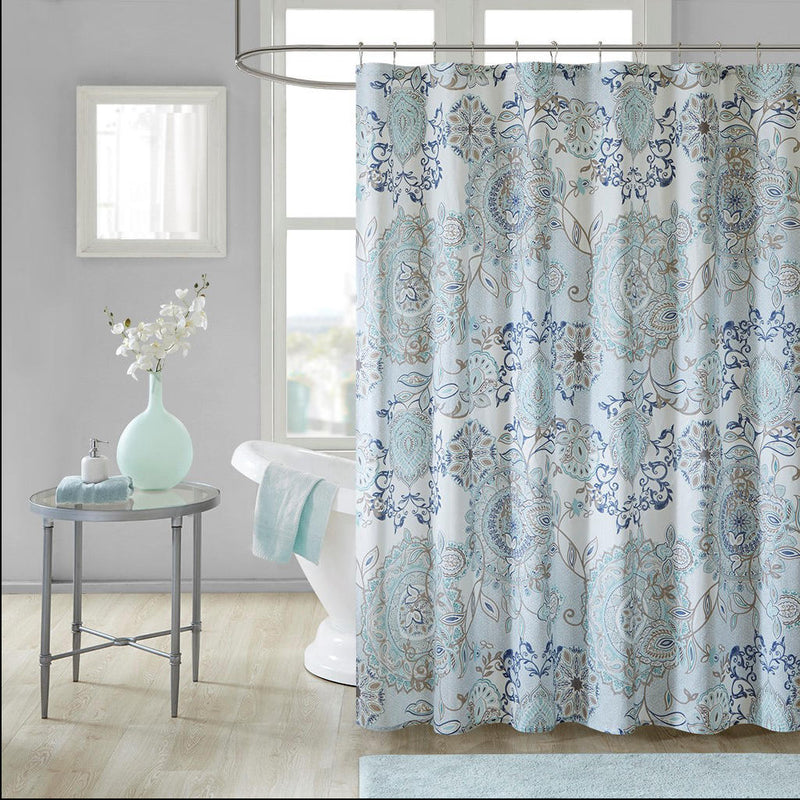 Home Outfitters Blue 100% Cotton Printed Shower Curtain 72"W x 72"L, Shower Curtain for Bathrooms, Bohemian