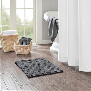 Madison Park Charcoal 100% Cotton Chenille Chain Stitch Rug 17"Wx24"L, Absorbent Bathroom Floor Mat, Casual
