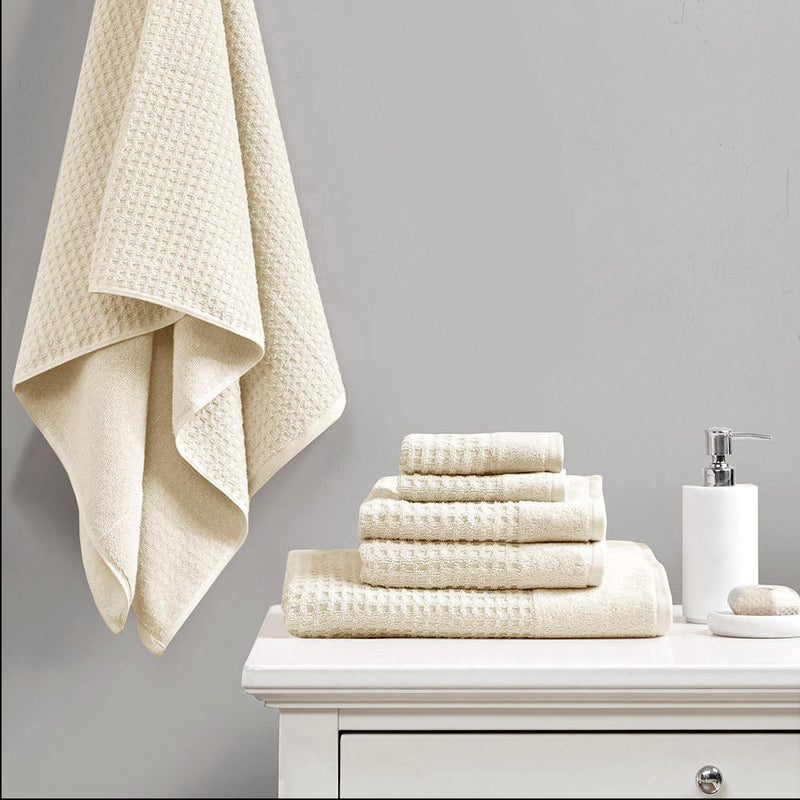 Home Outfitters Ivory 100% Cotton Waffle 6pcs Bath Towel Set , Absorbent, Bathroom Spa Towel, Modern/Contemporary