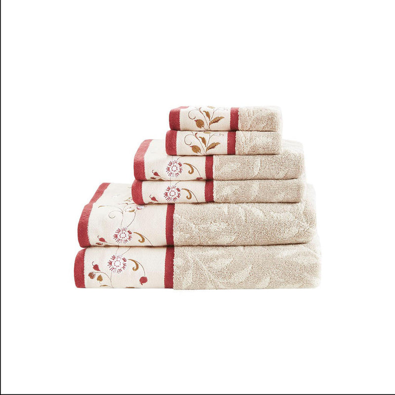Home Outfitters Red 100% Cotton Jacquard 6 Piece Bath Towel Set w/ Embroidery , Absorbent, Bathroom Spa Towel, Traditional