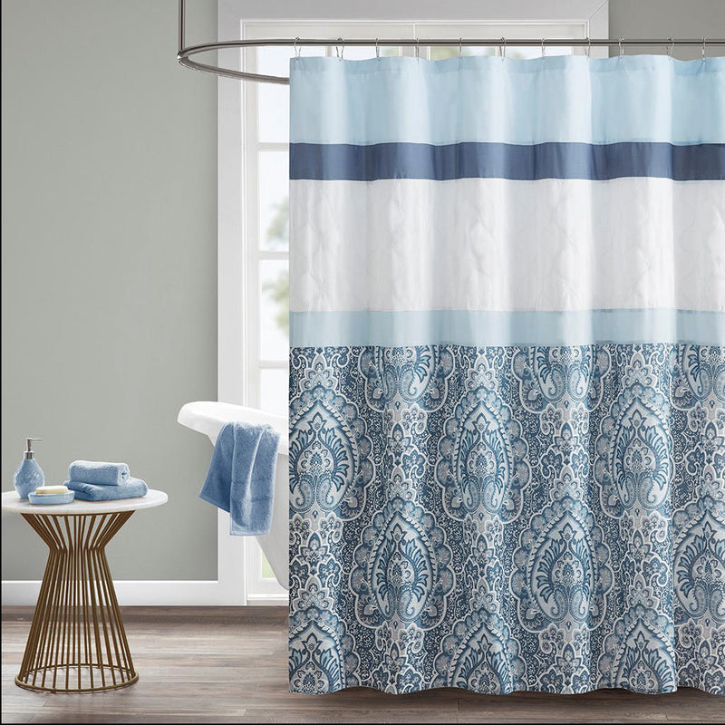 Home Outfitters Blue  Microfiber Embroidery Printed Shower Curtain 72"W x 72"L, Shower Curtain for Bathrooms, Traditional