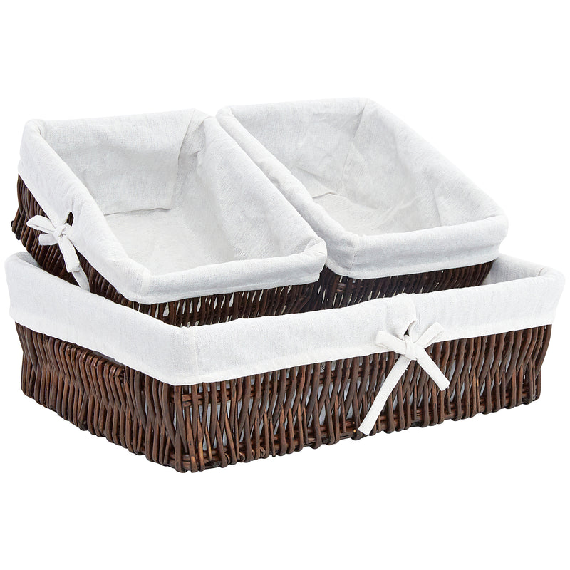 Set of Three Vertical Willow Storage Baskets - Thick Poly Cotton Liners, Espresso
