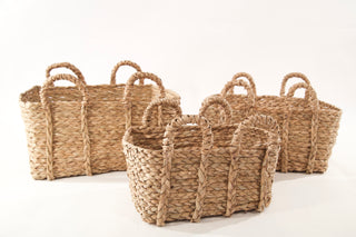 Set of 3 Rectangle Braided Rush Baskets  Ear Handles