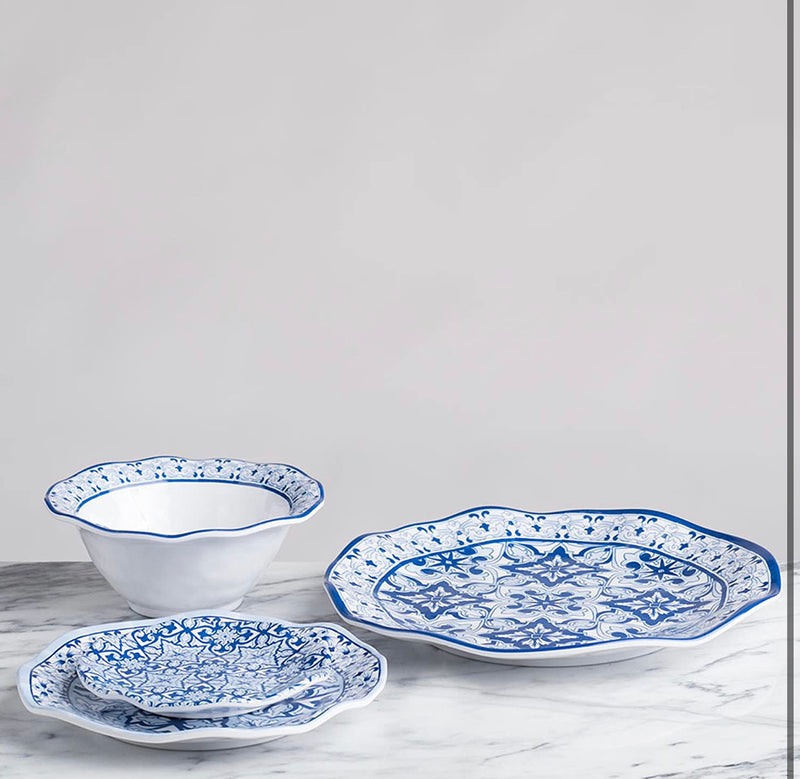 Q Squared Talavera in Azul BPA-Free Melamine Dinner Plate, 10-1/2 Inches, Set of 4, Blue and White