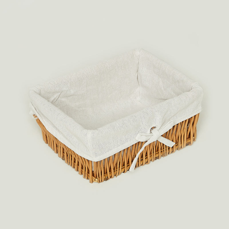 Set of Three Vertical Willow Storage Baskets - Thick Poly Cotton Liners, Warm Oak