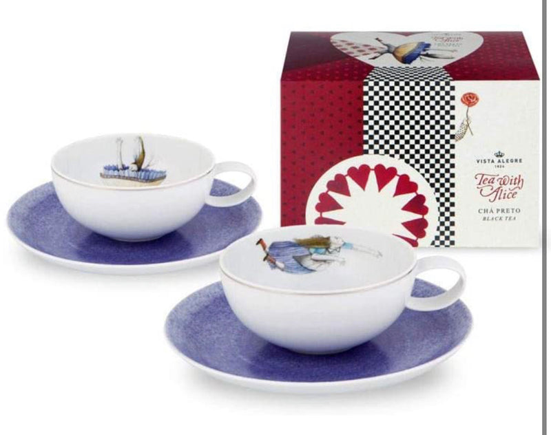 Vista Alegre Porcelain Tea with Alice Set of 2 Teacups and Saucers and Tea Package
