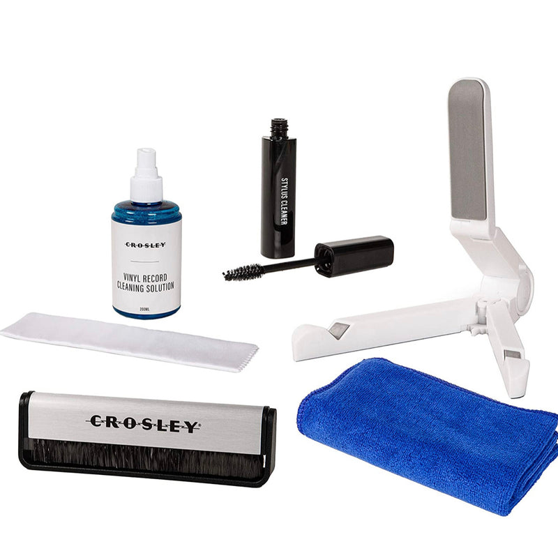Crosley AC1024A 5-in-1 Record Cleaning Kit with Carbon Fiber Brush, Microfiber Cloth, Stylus Cleaner, Cleaning Solution, and Record Stand