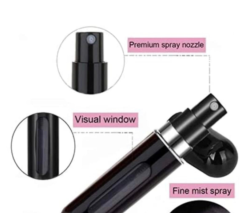 Funky Rico Dan Adora Portable Mini Perfume Atomizer Refillable Bottle Spray – Travel Size Aluminum Leak-Proof Bottle with 5 ML Capacity for Perfume Liquids, Body Mist or After Shave - Black