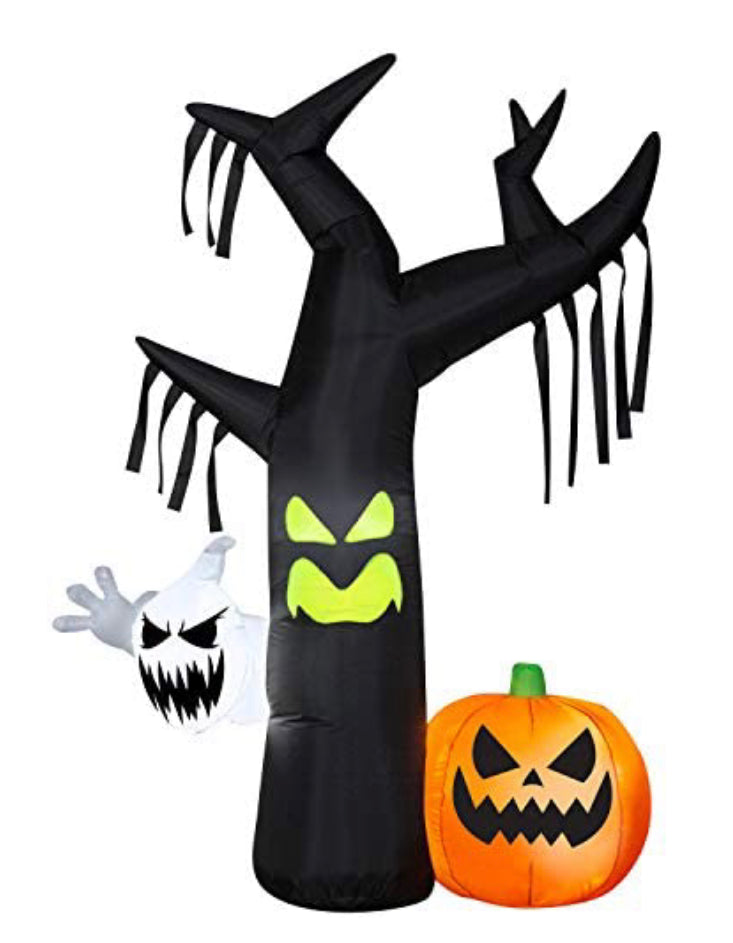 Gemmy Halloween Airblown Tree w/Ghost & JOL Scene OPP, 7 ft, Black