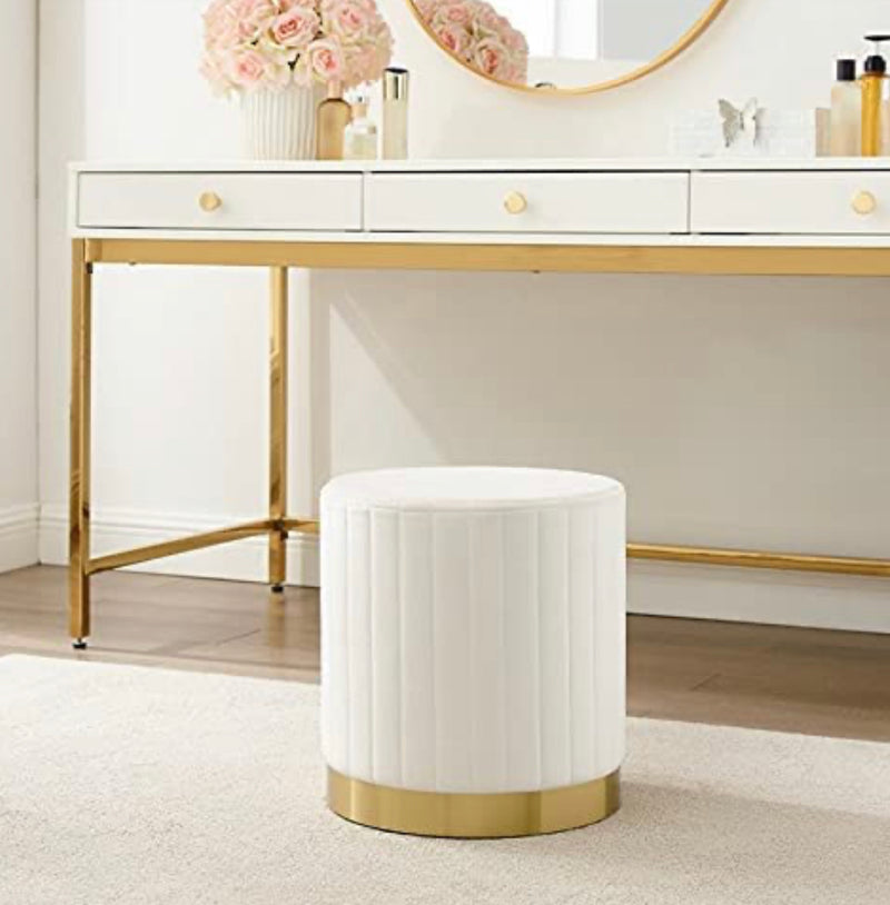 Crosley Sabrina Velvet Upholstered Pouf Ottoman in Creme and Gold