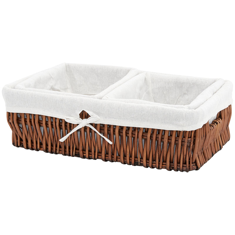Set of Three Vertical Willow Storage Baskets - Thick Poly Cotton Liners , Walnut