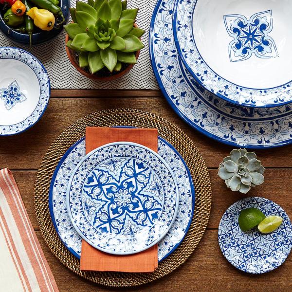 Q Squared Talavera in Azul BPA-Free Melamine Appetizer Plate, 5-1/2 Inches, Set of 4, Blue and White