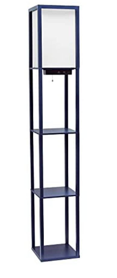 Simple Designs LF1037-NAV Organizer Storage Shelf with 2 Ports, 1 Charging Outlet and Linen Shade USB Etagere Floor Lamp, Navy