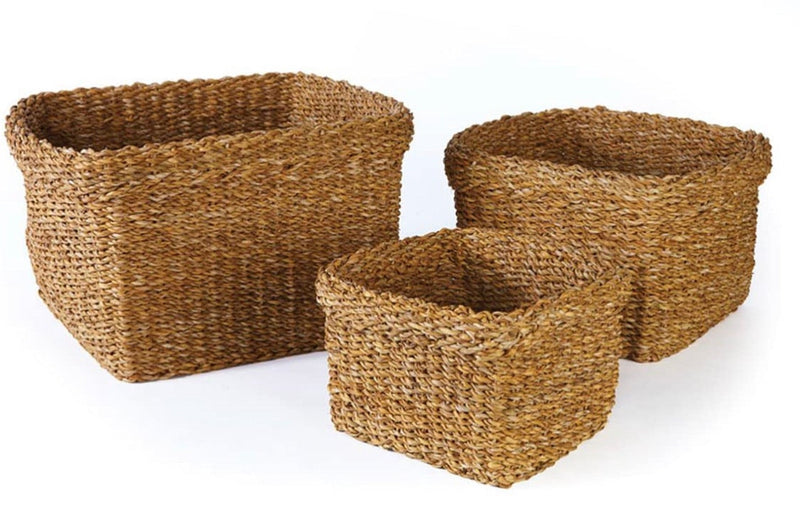 Home Outfitters Seagrass Square Baskets with Cuffs, Set of 3