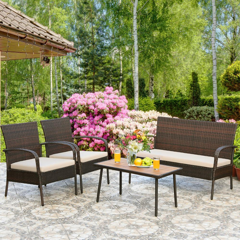 Patio Rattan Outdoor Conversation Furniture Set w/Cushions